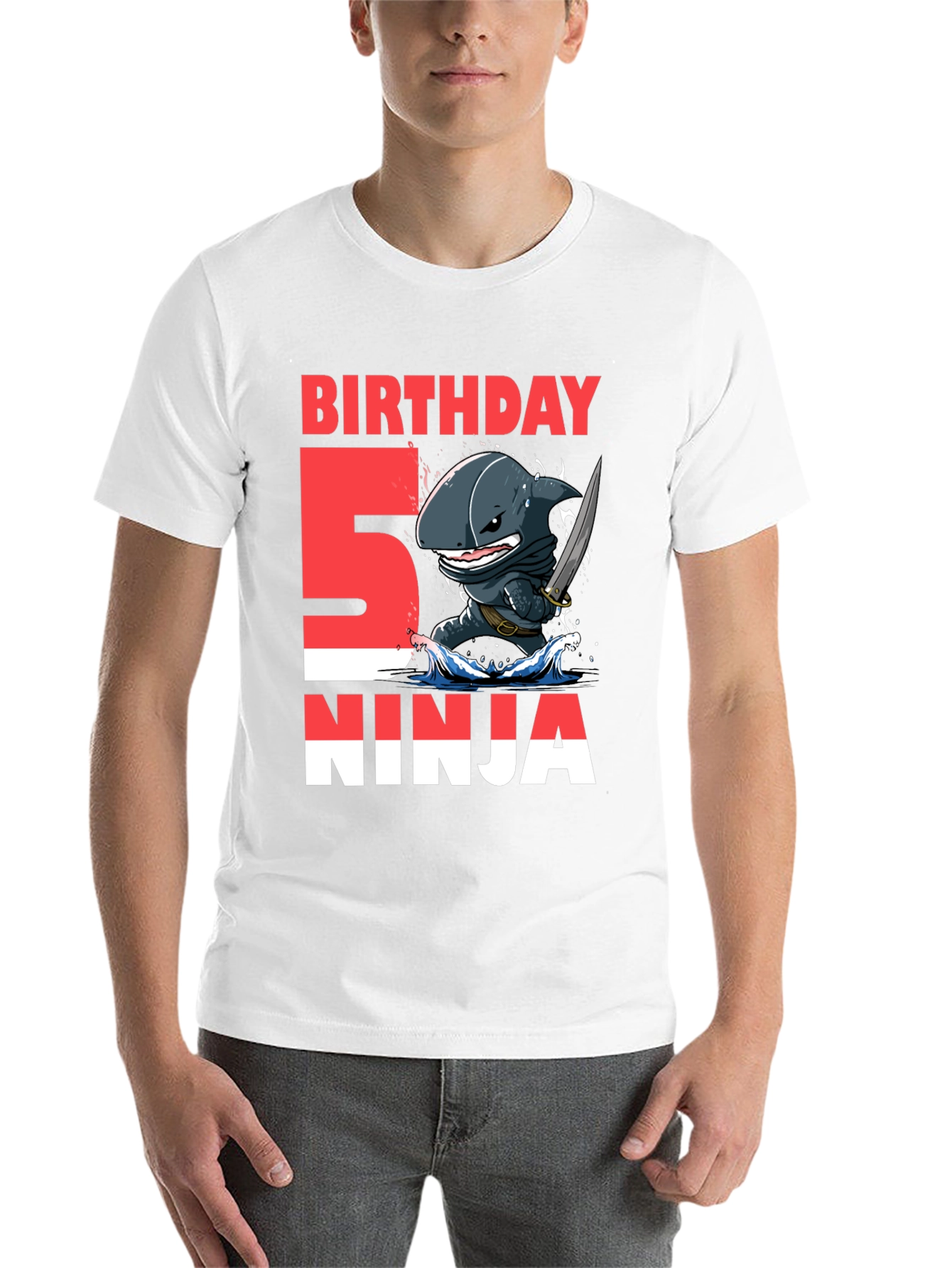 Black 5th Birthday Ninja Shark T-Shirt view 14