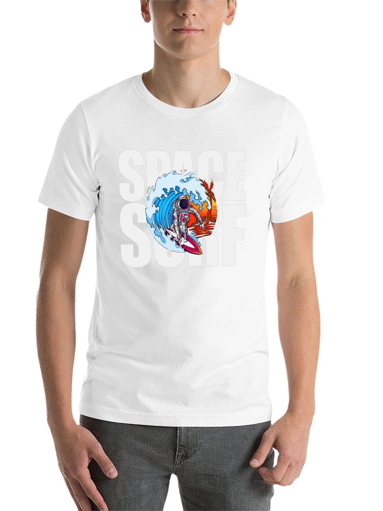 Black Space Surf Graphic Tee - Astronaut Surfing T-Shirt view 14