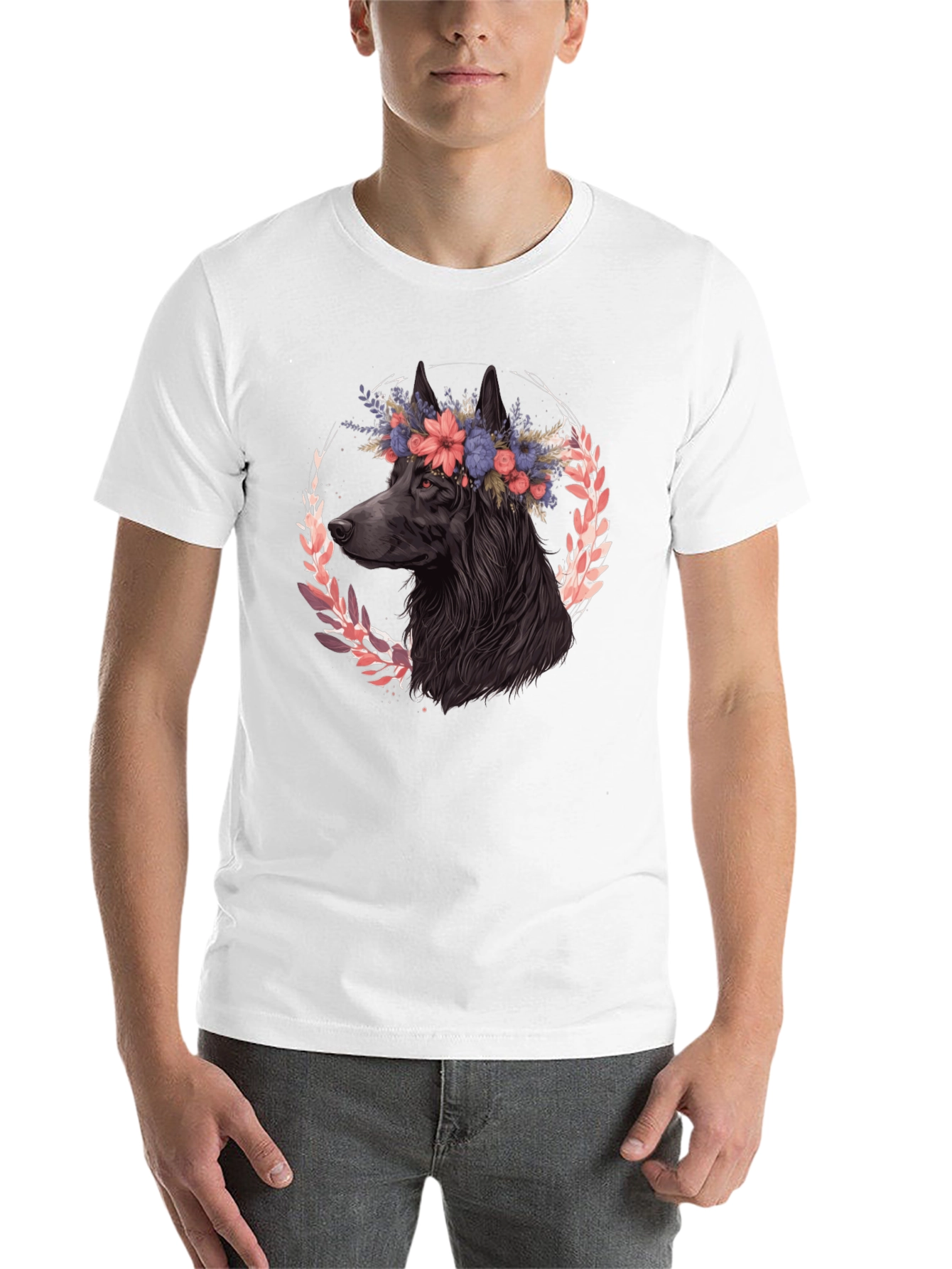 Black Floral Dog Graphic Tee - Black Cotton T-Shirt view 14
