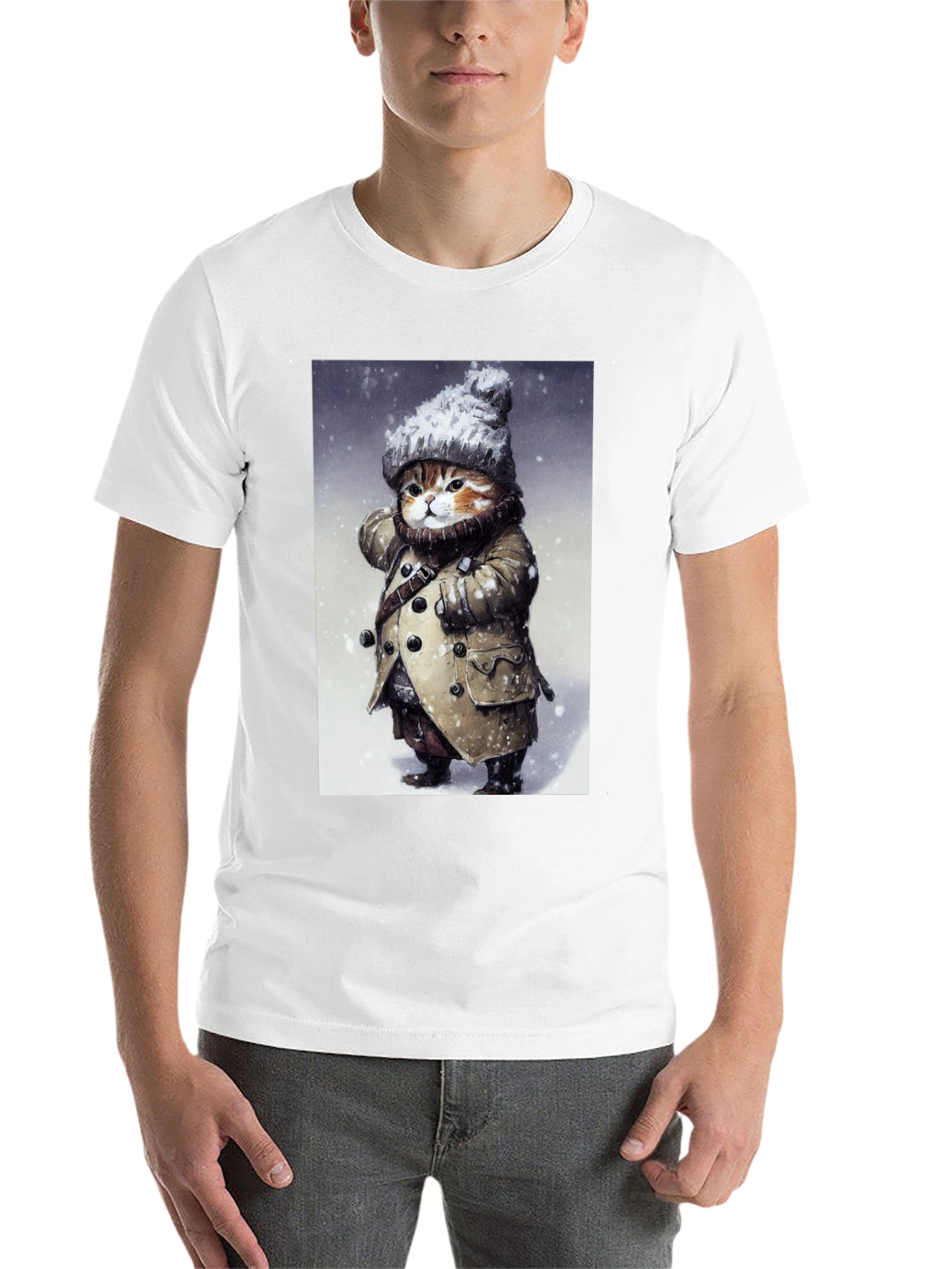 Black Winter Cat in Coat T-Shirt - Unique Graphic Tee view 14