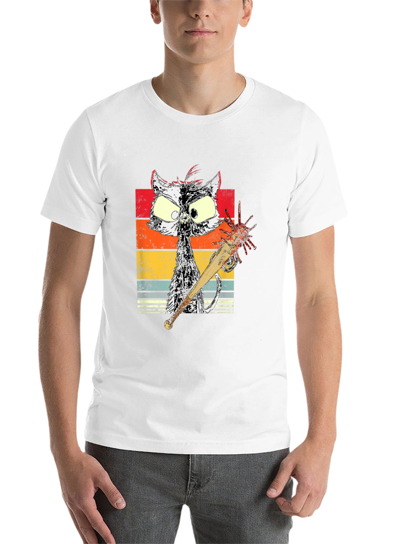 Black Retro Cat with Spiked Bat Graphic Tee view 14