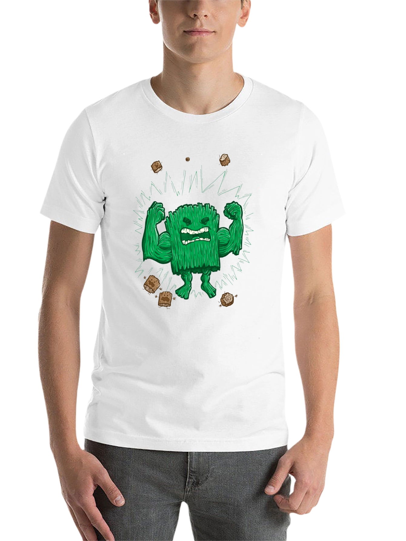 Black Funny Graphic T-Shirt: Grass Character Flexing view 14