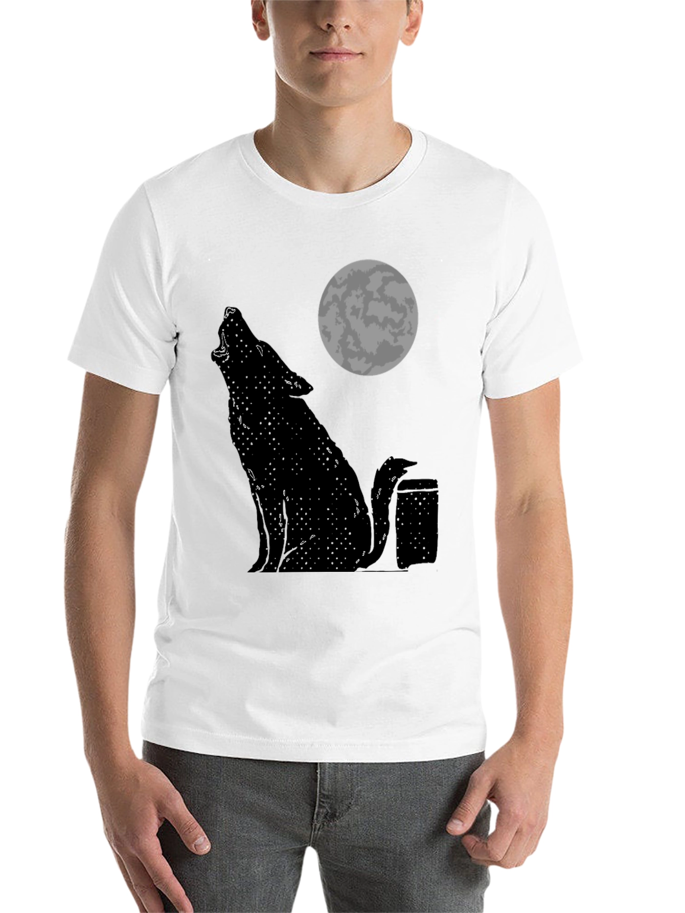 Black Wolf Howling at Moon Graphic Tee - Black Cotton T-Shirt view 14