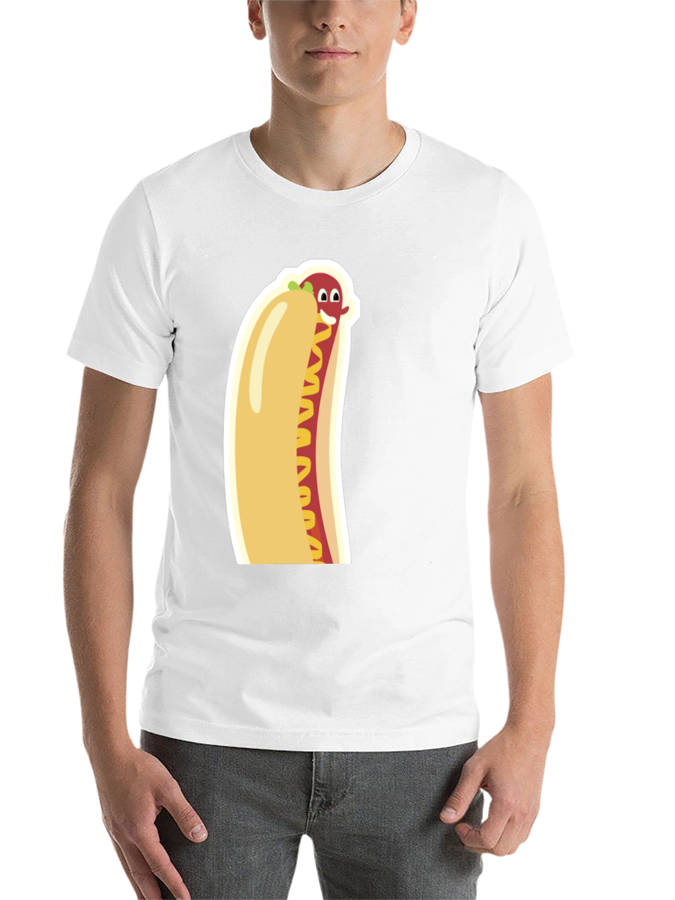 Black Funny Cartoon Hot Dog Graphic Tee - Unisex Black T-Shirt view 14