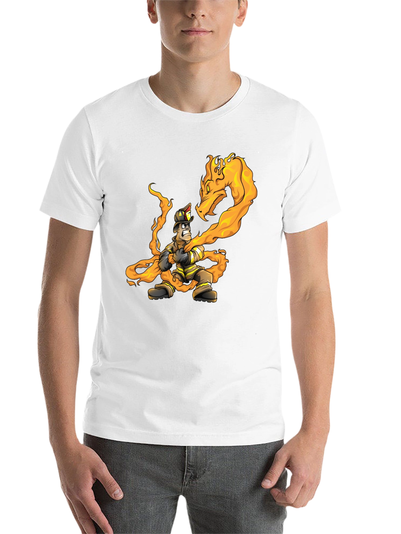 Black Firefighter vs Dragon Graphic T-Shirt - Cool Design view 14