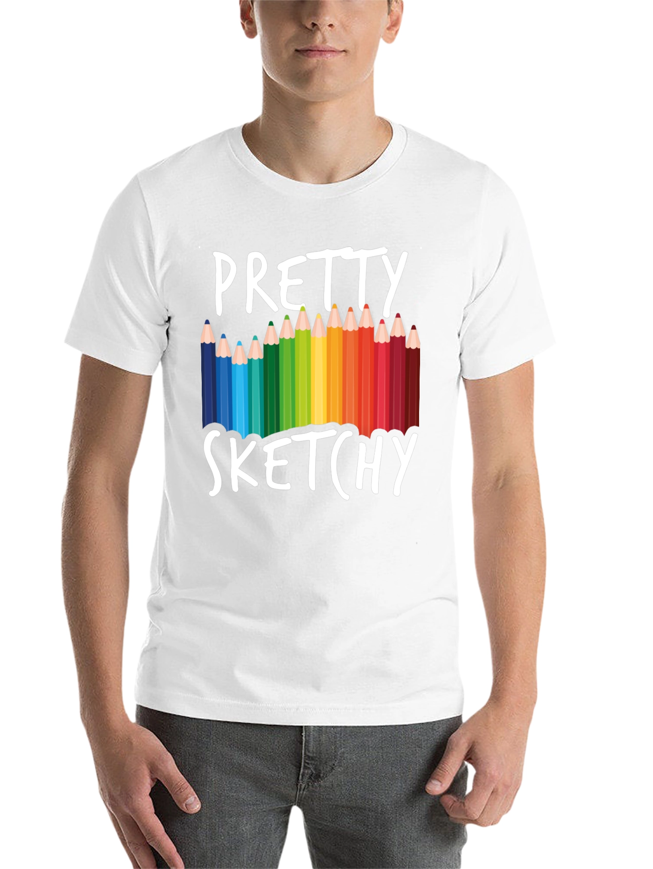 Black Pretty Sketchy T-Shirt, Colorful Pencil Design Tee view 14