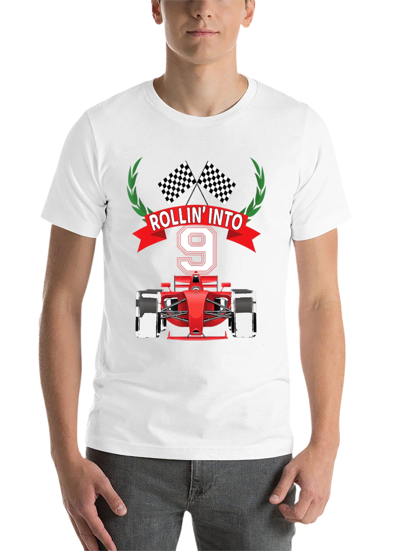 Black Rollin' Into 9 T-Shirt, Race Car Birthday Tee view 14