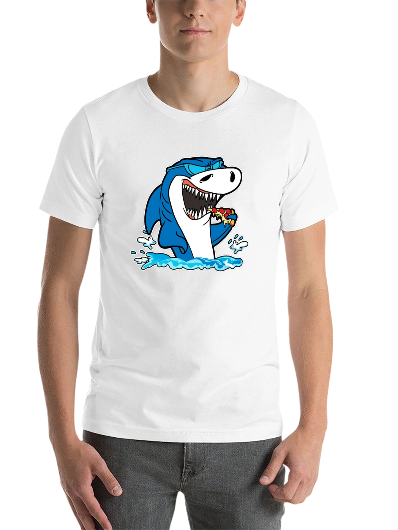 Black Shark Eating Pizza T-Shirt - Black Cotton Graphic Tee view 14