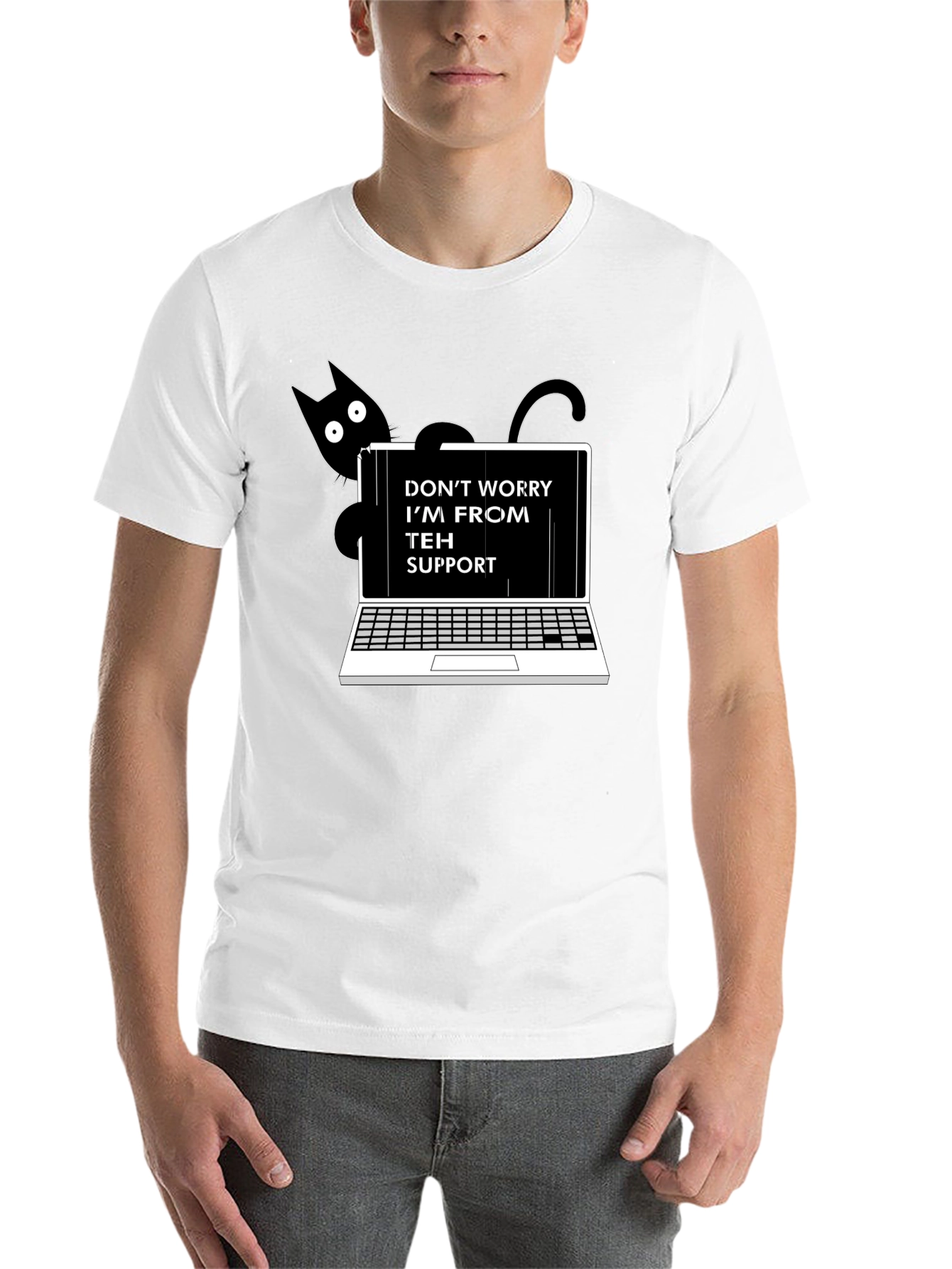 Black Funny "Teh Support" Cat Laptop Graphic Tee view 14