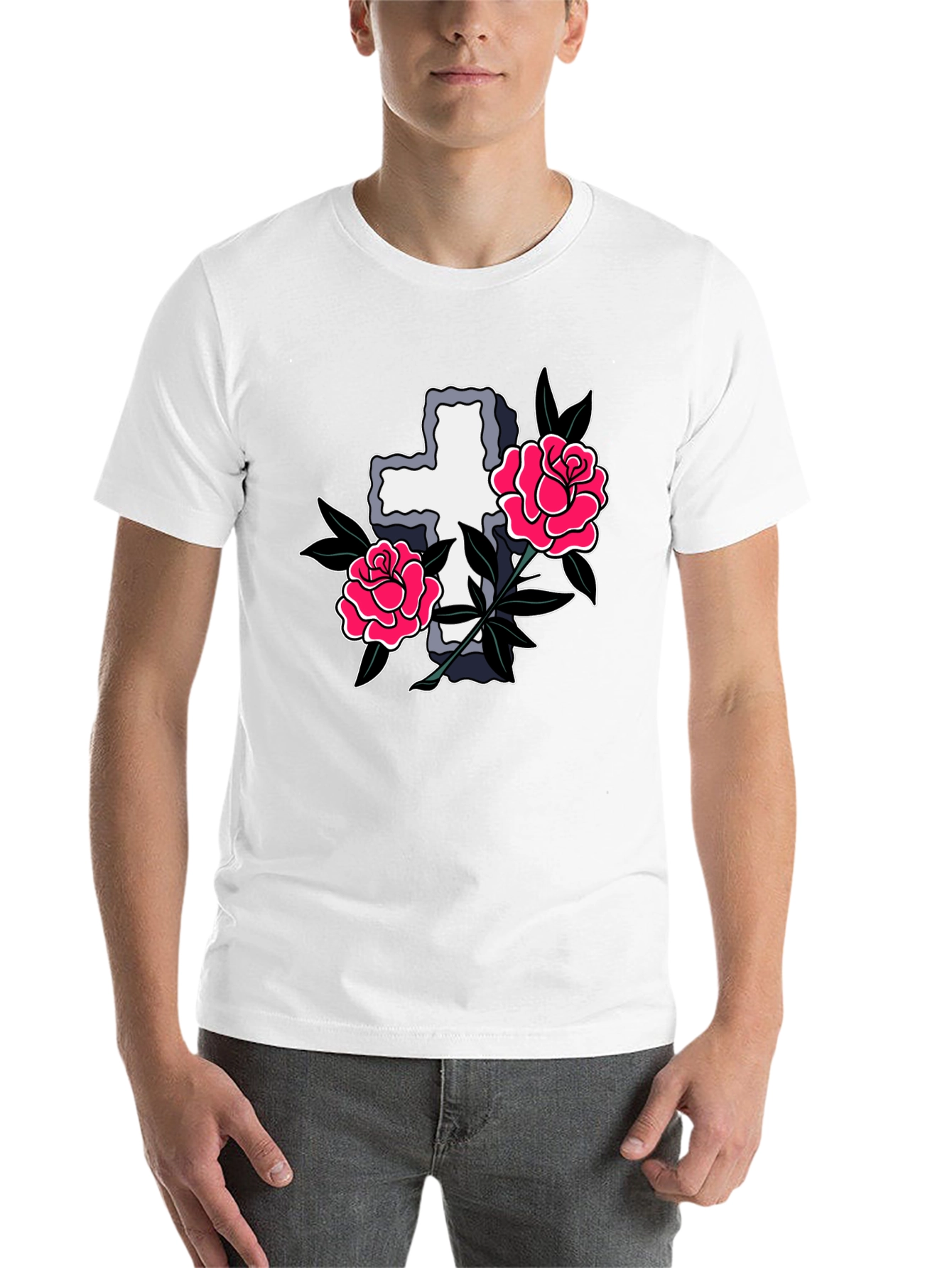 Black Cross & Roses Graphic T-Shirt - Classic Tattoo Style view 14