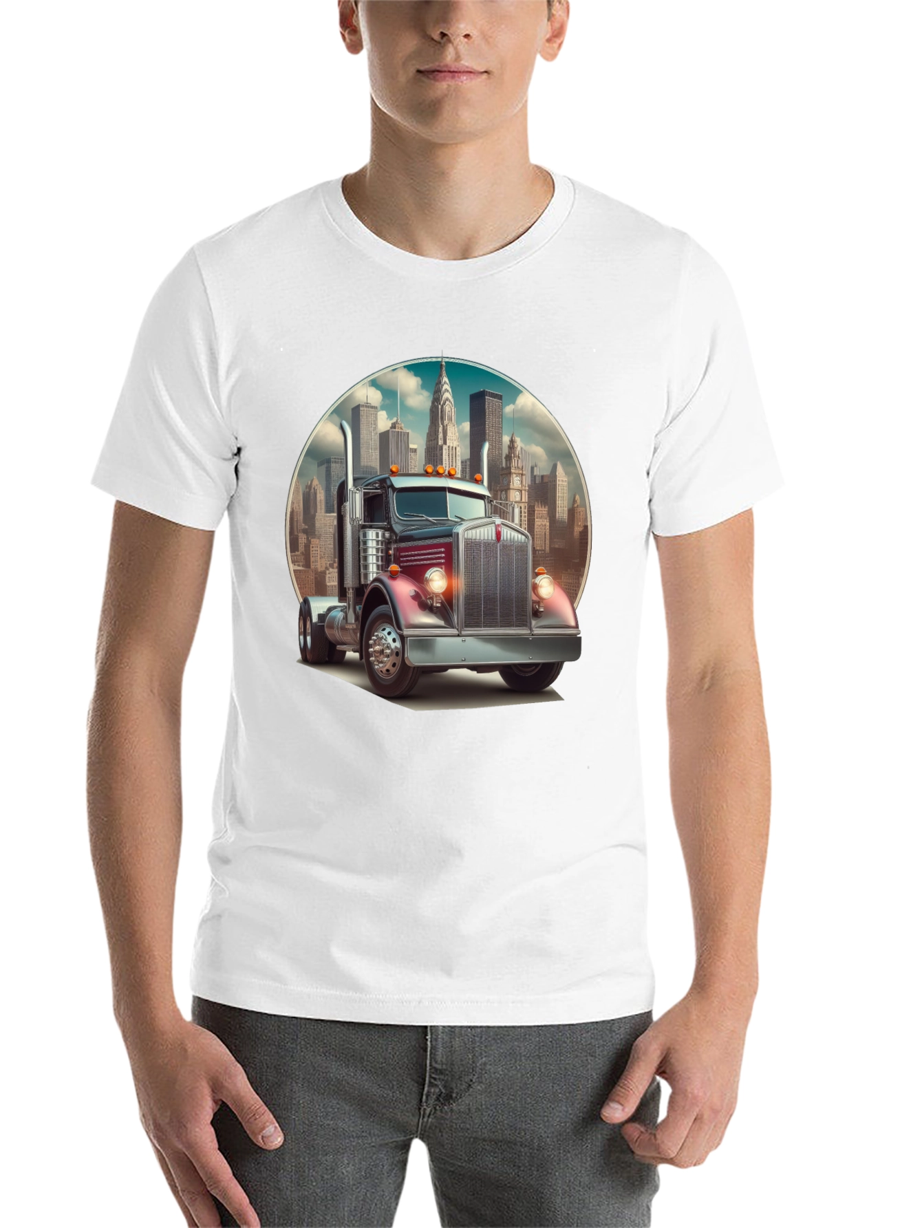 Black Trucker Tee: Vintage Big Rig & Cityscape view 14