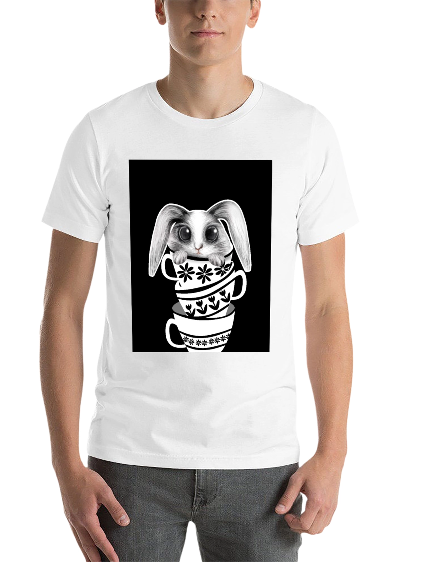 Black Rabbit in Teacups Graphic T-Shirt view 14