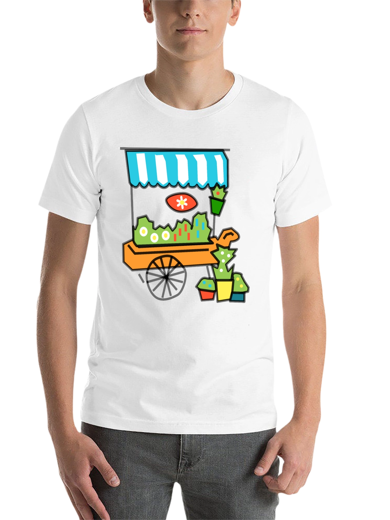 Black Whimsical Market Cart T-Shirt - Black Cotton Tee view 14