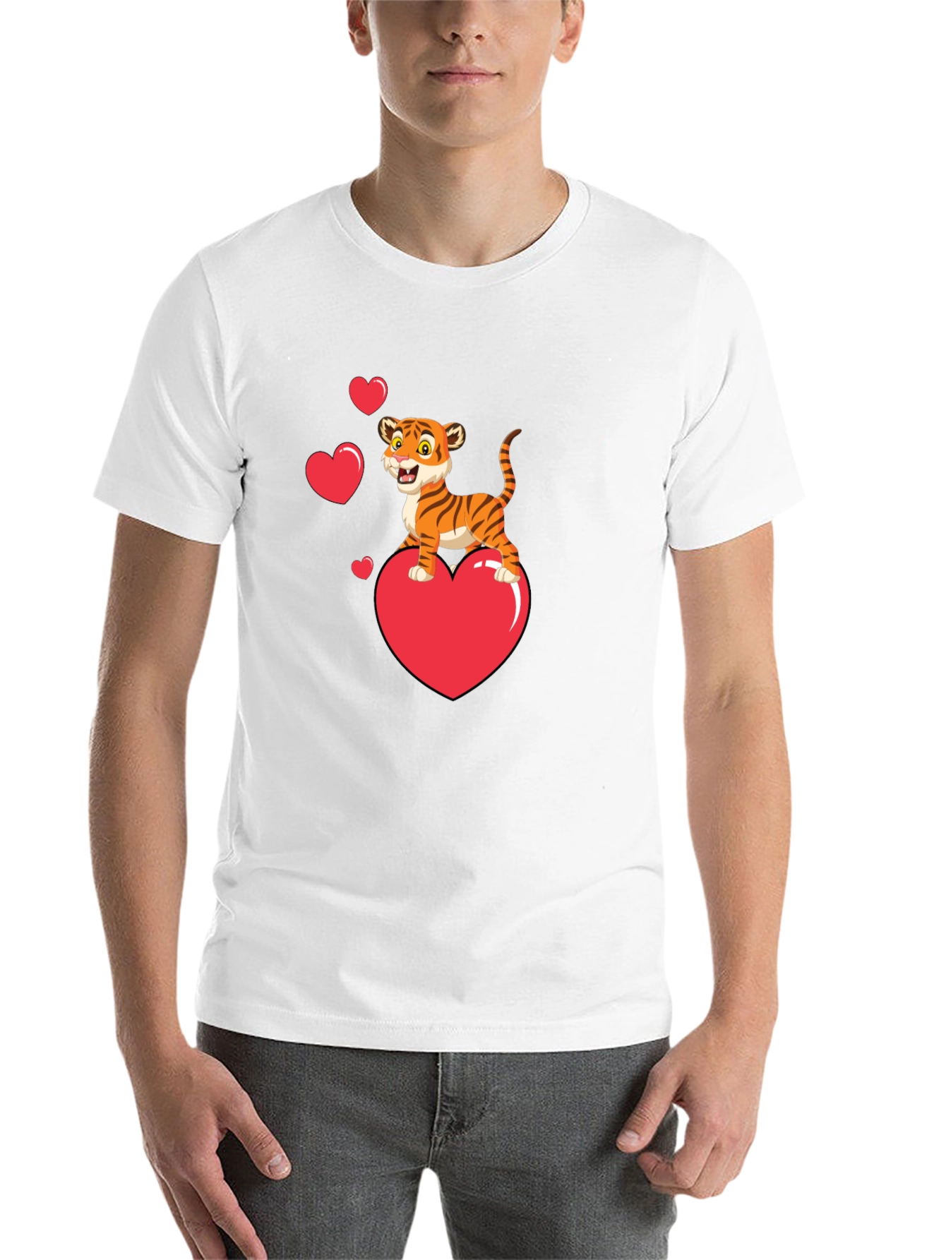 Black Cute Tiger on Heart Valentine's Black T-Shirt view 14