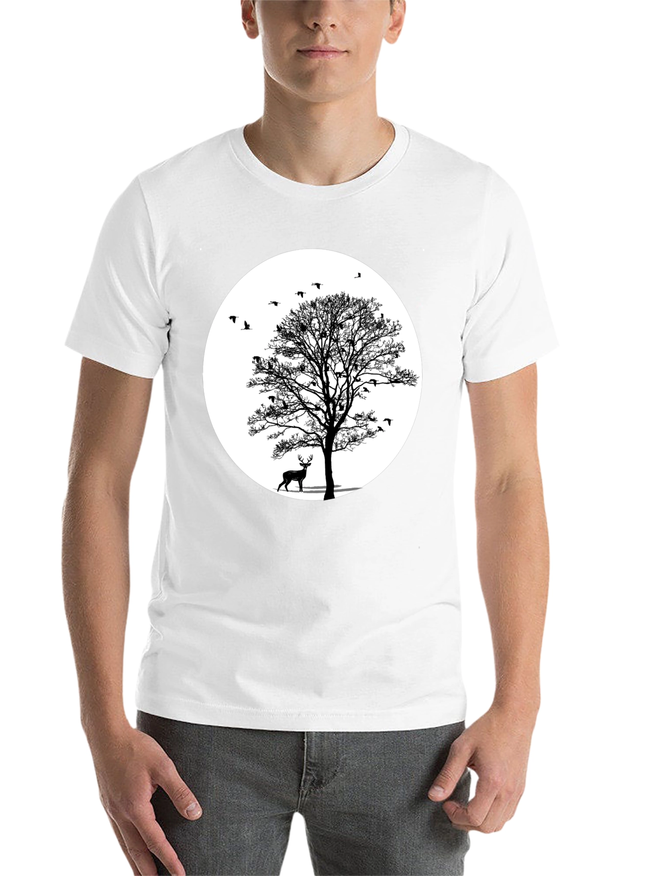 Black Nature Scene Graphic Tee - Deer and Birds view 14