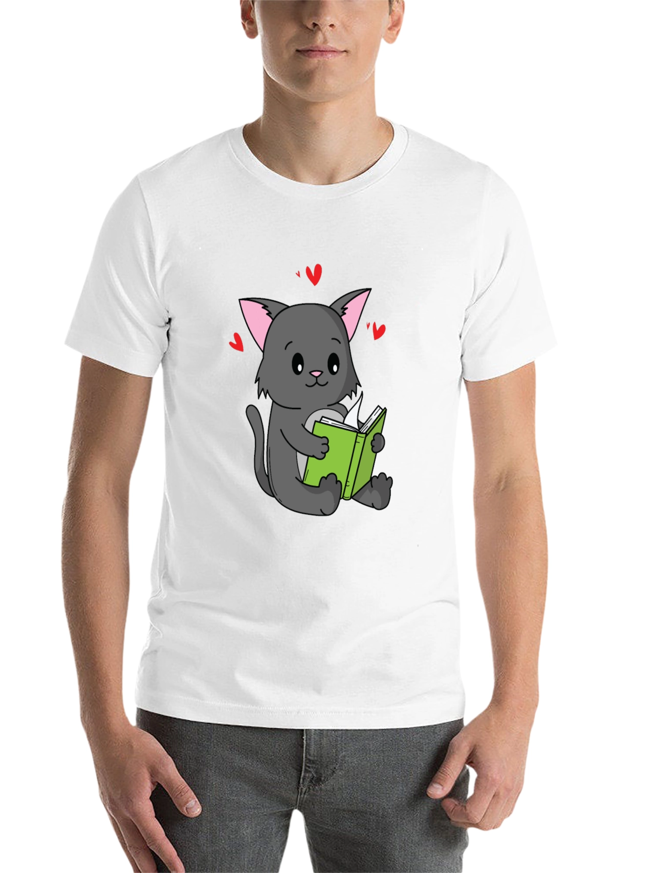 Black Cute Cat Reading Book T-Shirt - Unisex view 14