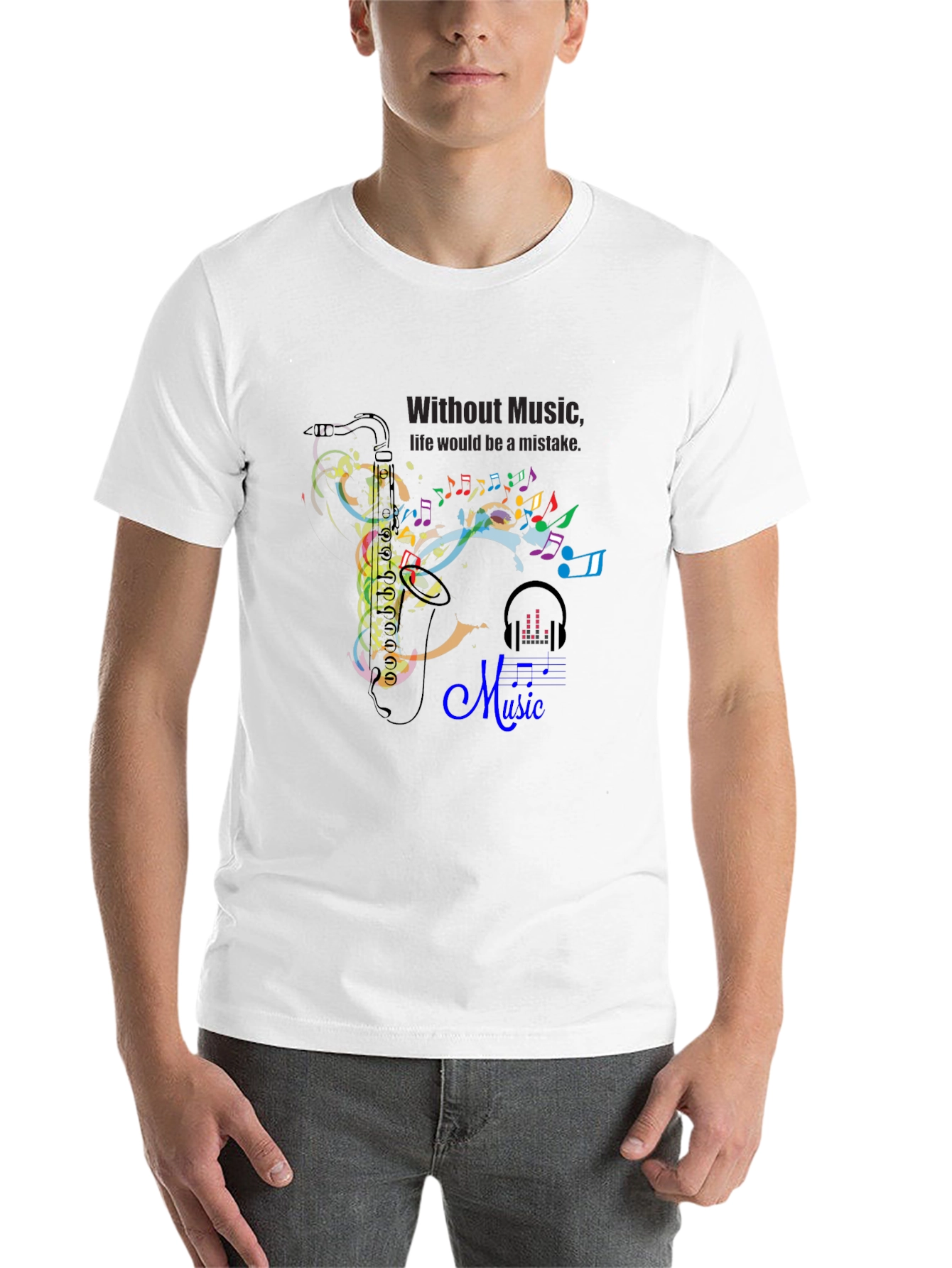 Black Music Lover's Tee: Saxophone & Notes Graphic Black T-Shirt view 14