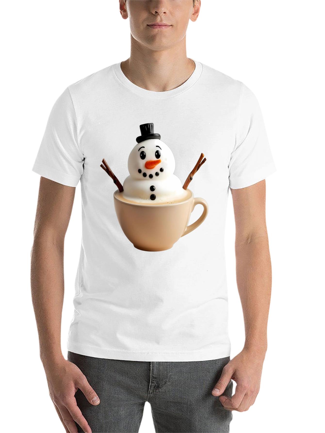 Black Whimsical Snowman Latte Art T-Shirt view 14