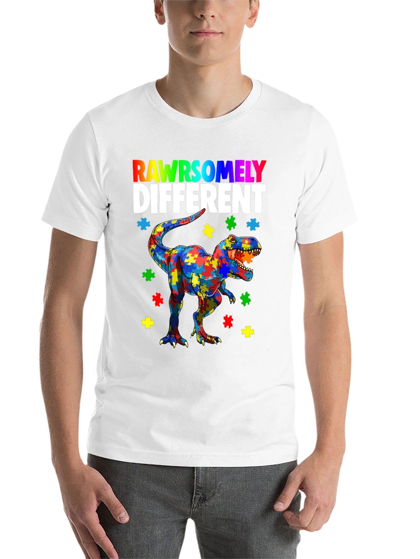 Black RAWRSOMELY DIFFERENT Autism Dinosaur T-Shirt view 14
