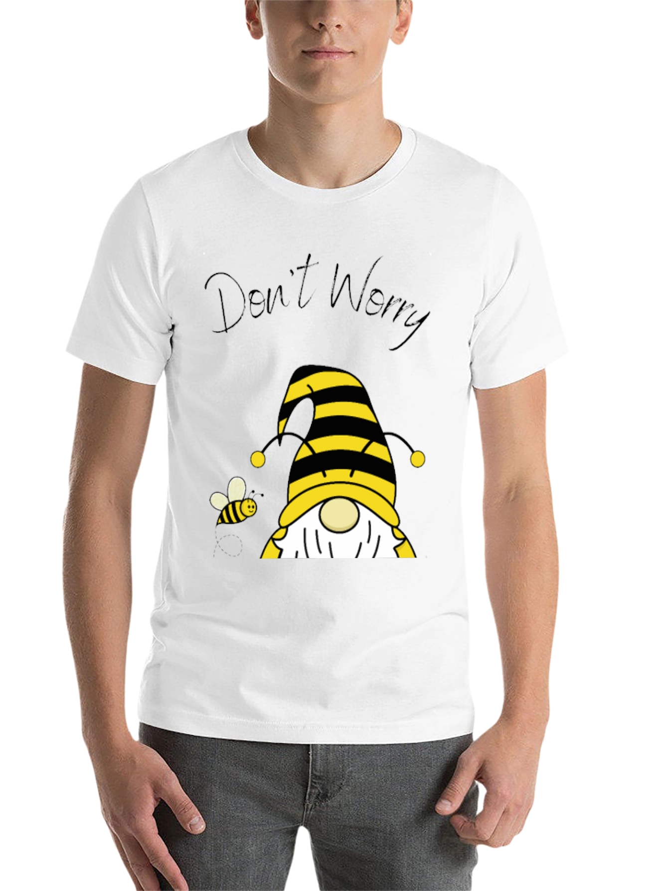 Black Don't Worry Bee Happy Gnome T-Shirt view 14