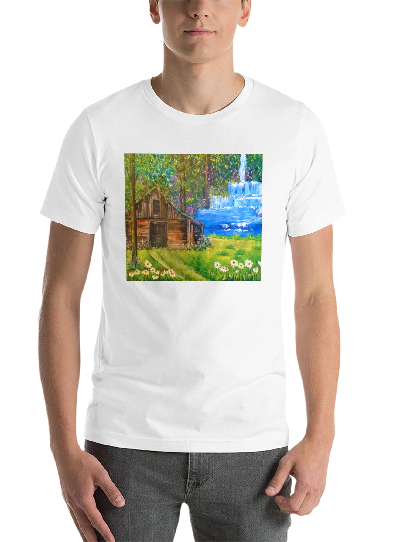 Black Cabin Waterfall Nature T-Shirt view 14