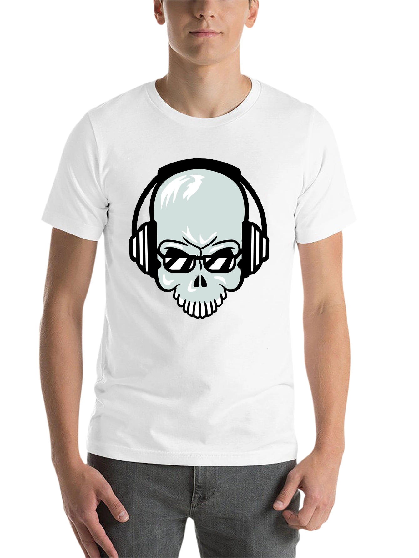 Black Skull with Headphones Graphic Tee - Black Cotton T-Shirt view 14