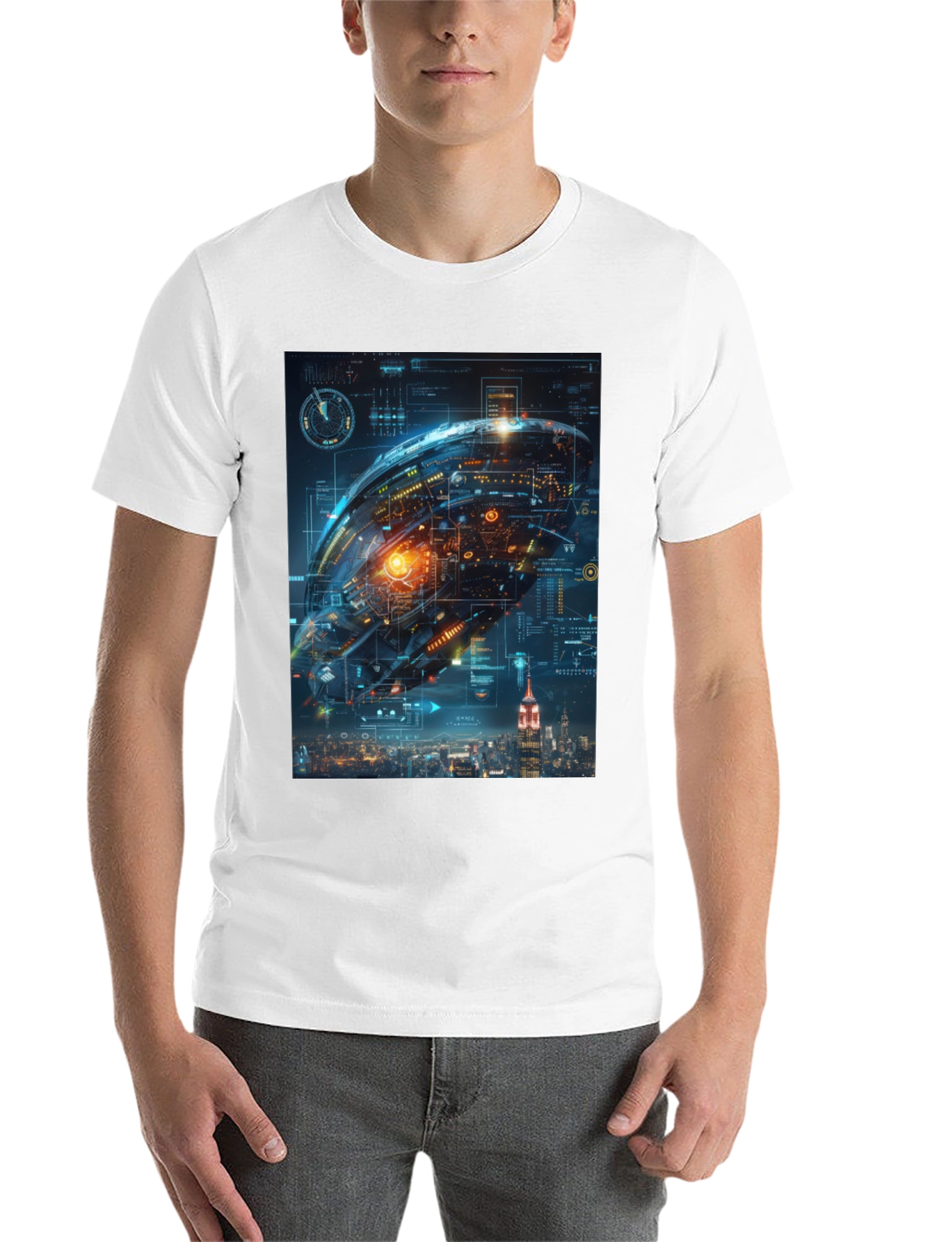 Black Sci-Fi Spaceship Over New York T-Shirt view 14