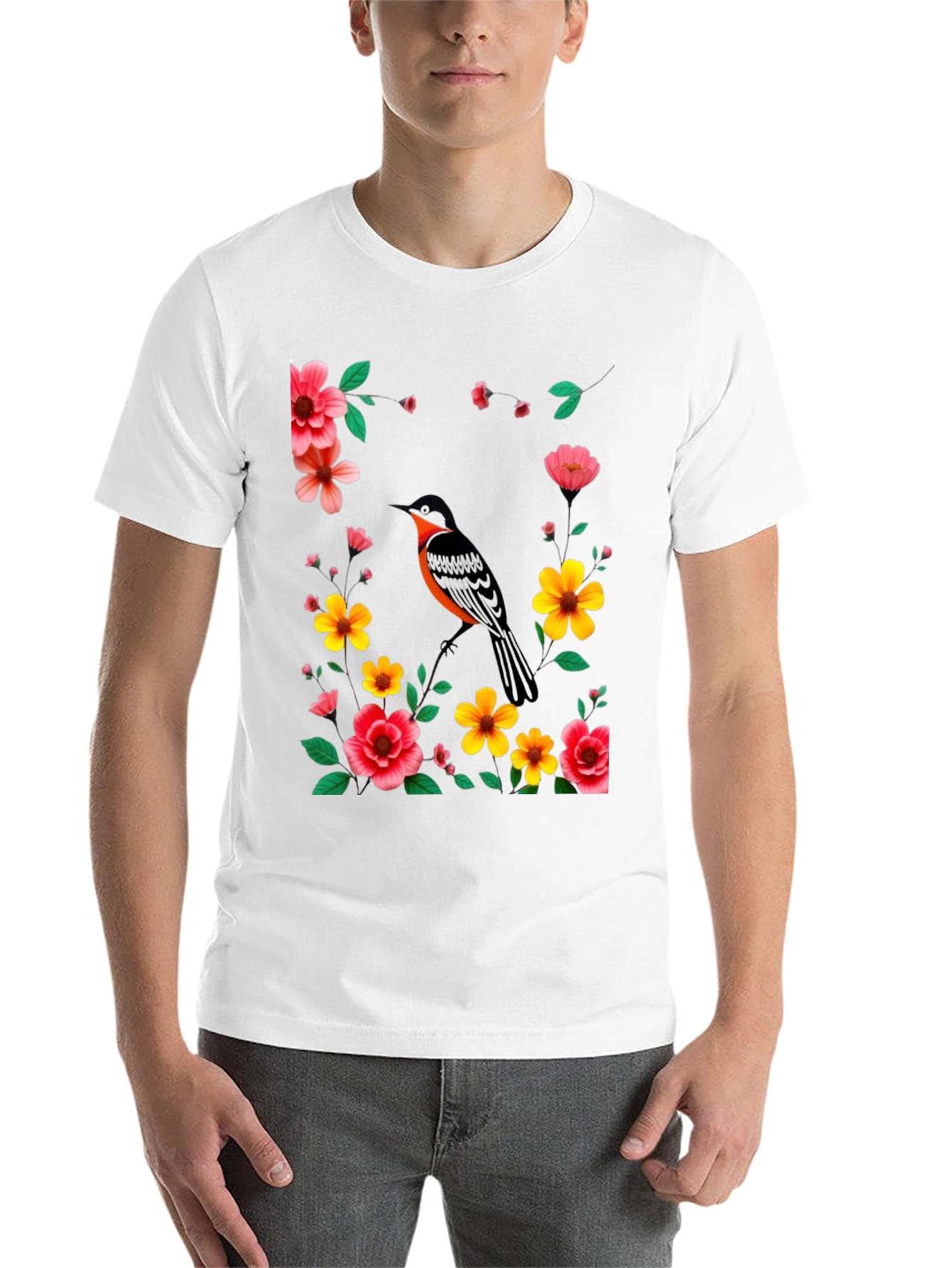 Black Floral Bird Graphic Tee - Stylish Men's Black T-Shirt view 14