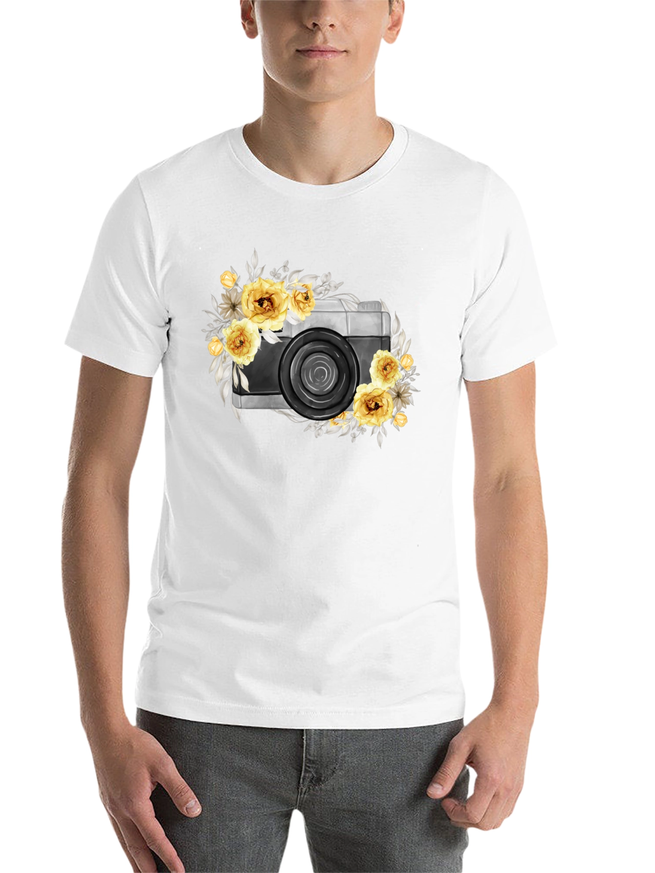 Black Floral Camera Graphic T-Shirt - Black Cotton Tee view 14