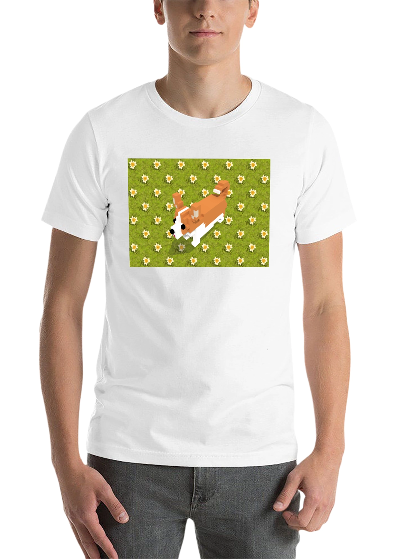 Black Pixel Dog T-Shirt - Corgi on Flowers view 14