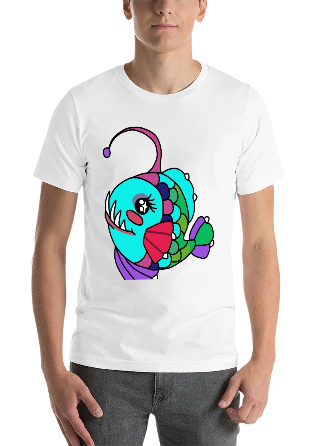 Black Anglerfish Cartoon T-Shirt - Unique Graphic Tee view 14