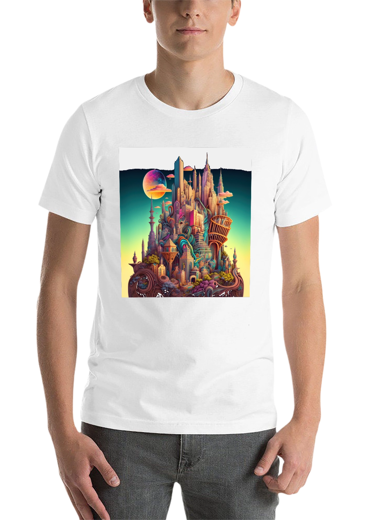 Black Whimsical Cityscape Graphic Tee - Unique Urban Fantasy Design view 14