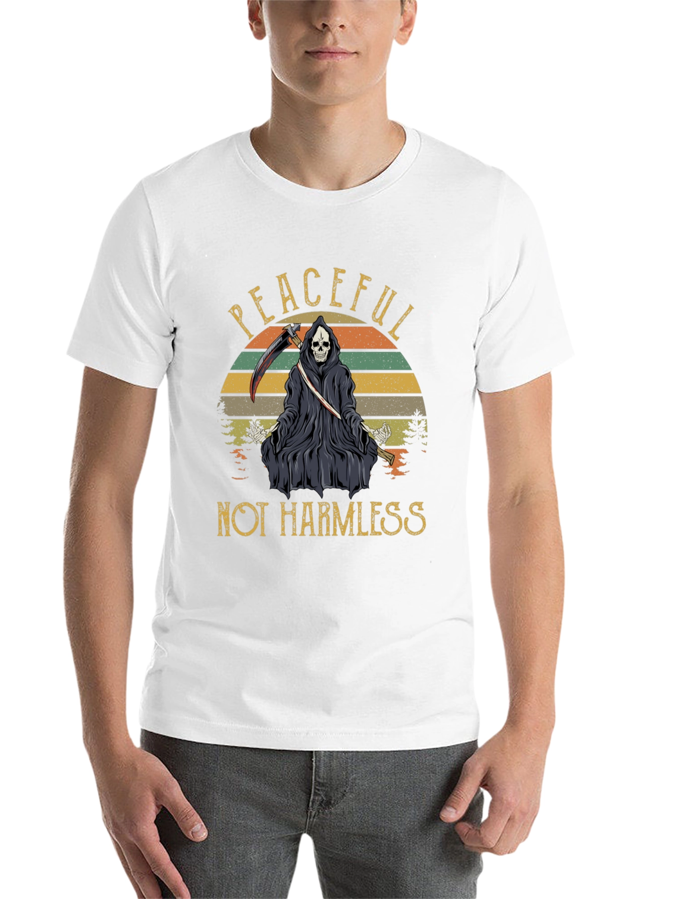 Black Peaceful Not Harmless Grim Reaper Graphic T-Shirt view 14