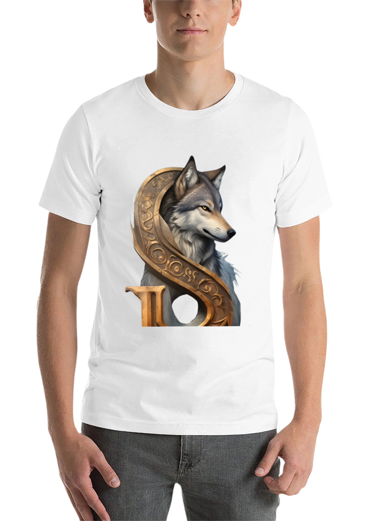 Black Wolf and Ornamental Letter T-Shirt view 14
