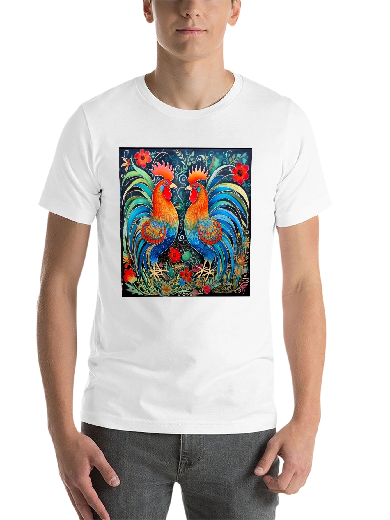 Black Rooster Art Print Black T-Shirt - Stylish Graphic Tee view 14