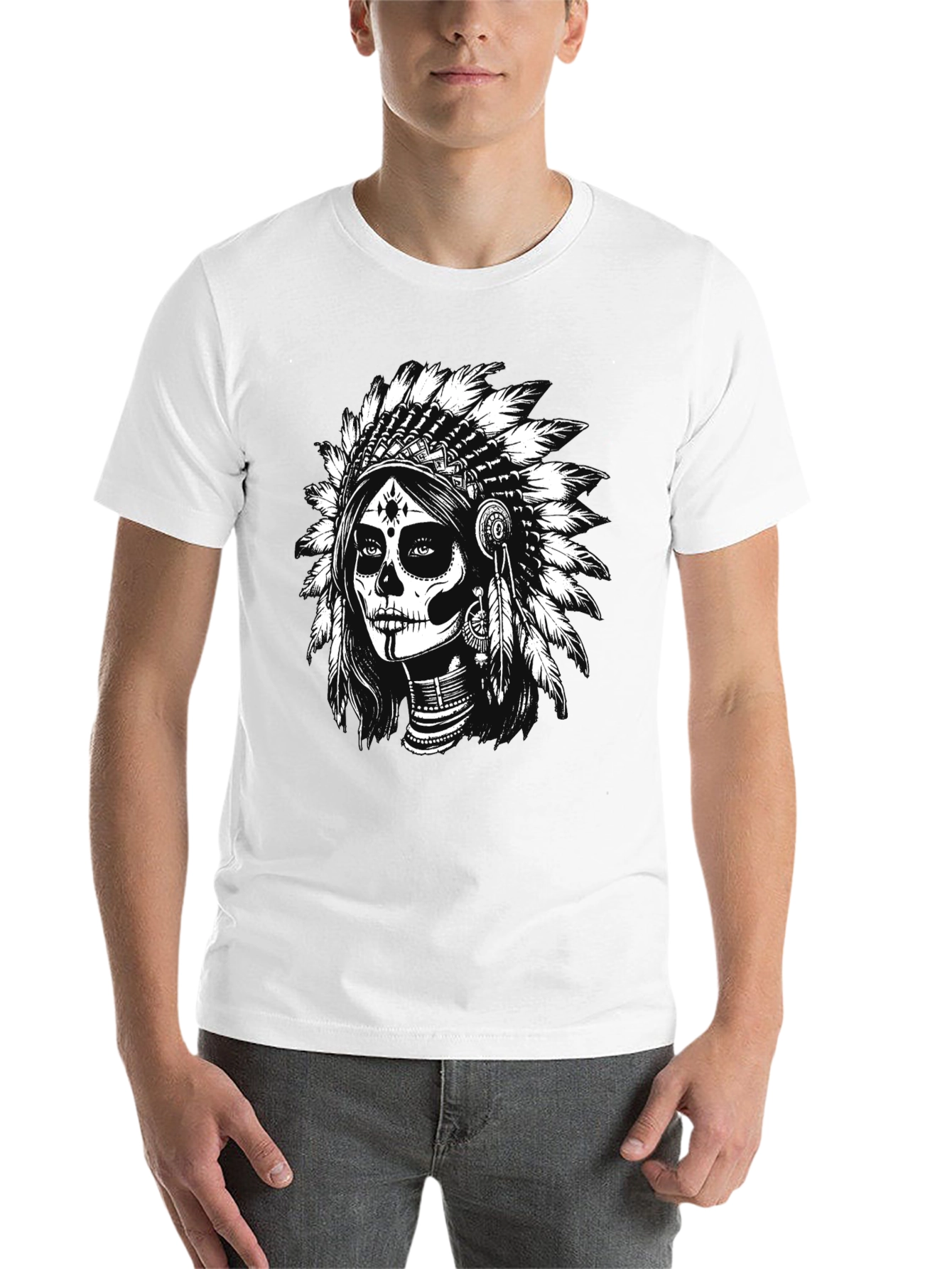 Black Skull Indian Headdress Graphic Tee - Black view 14