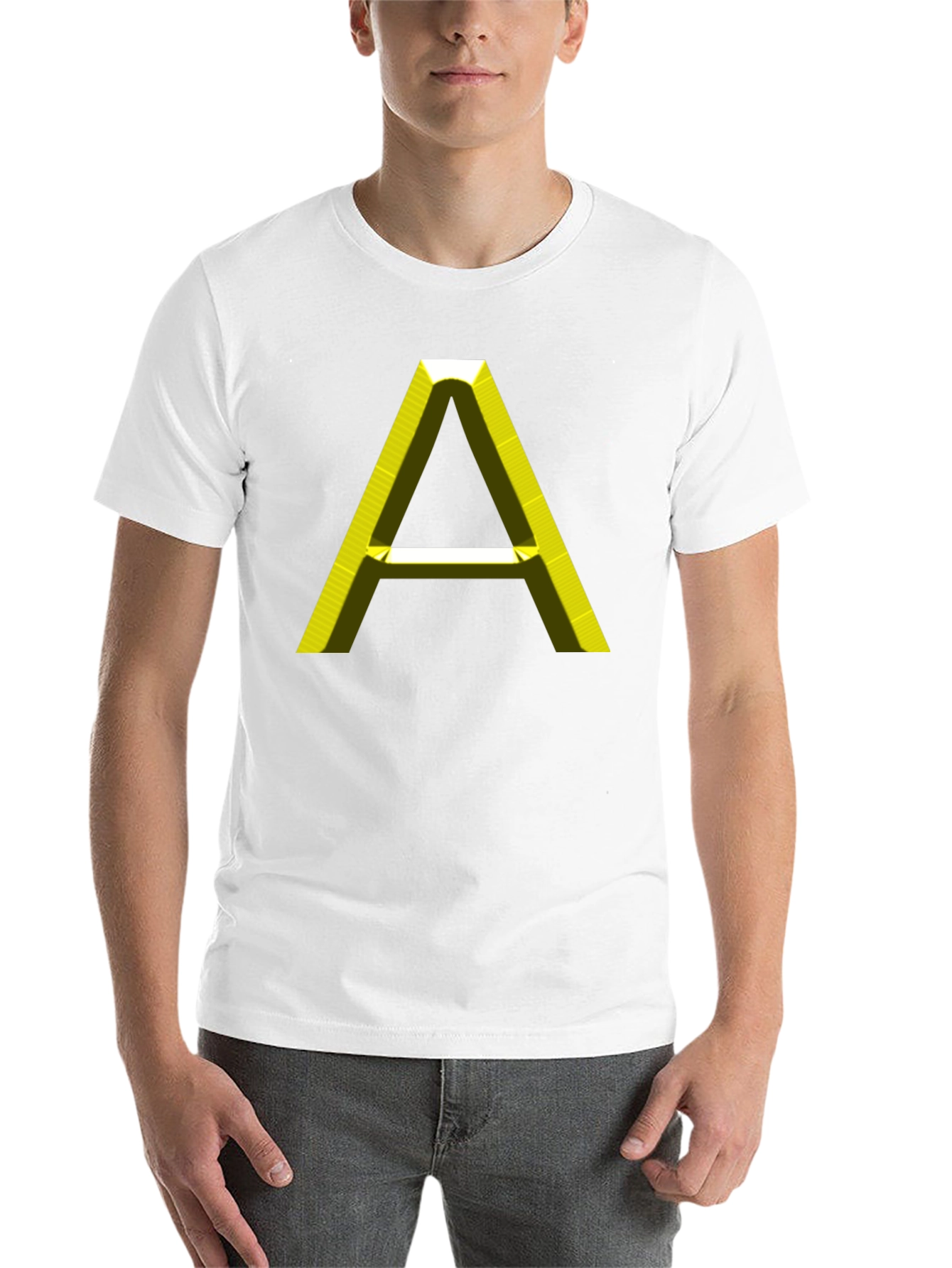 Black Men's Black T-Shirt with 3D Yellow "A" Graphic view 14
