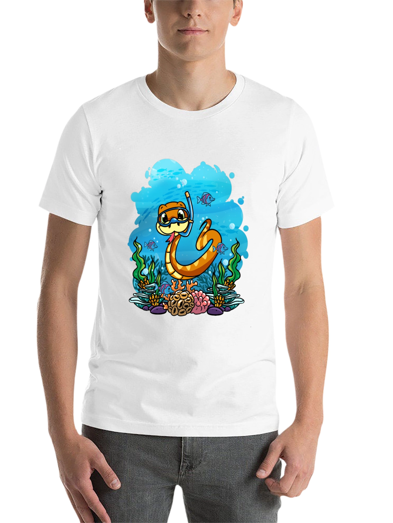 Black Cartoon Snorkeling Snake Graphic Tee view 14