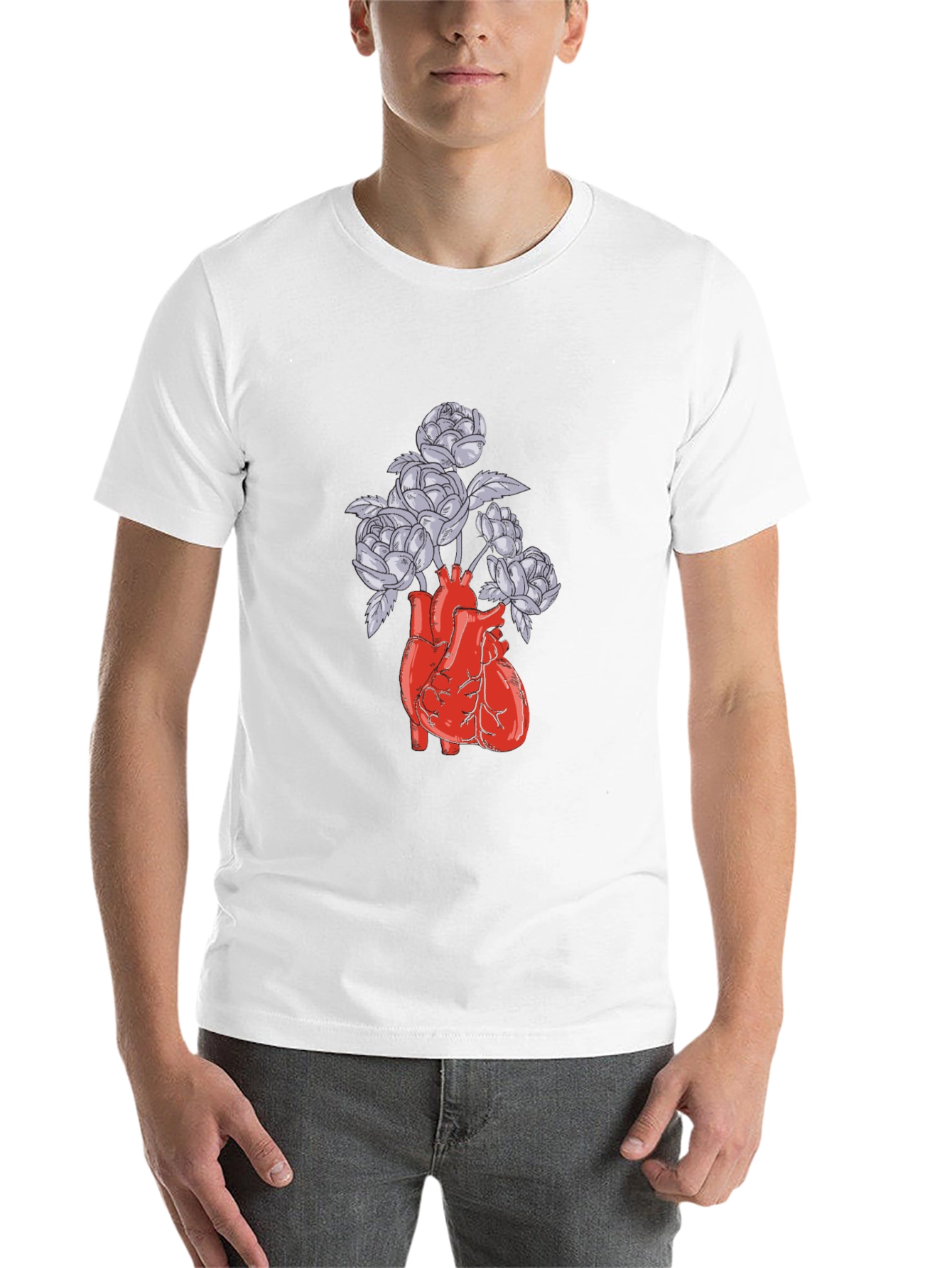 Black Anatomical Heart and Flowers Graphic T-Shirt view 14