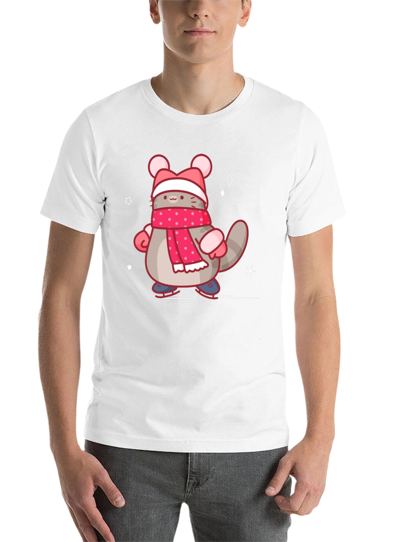 Black Cute Cartoon Cat in Winter Gear T-Shirt view 14