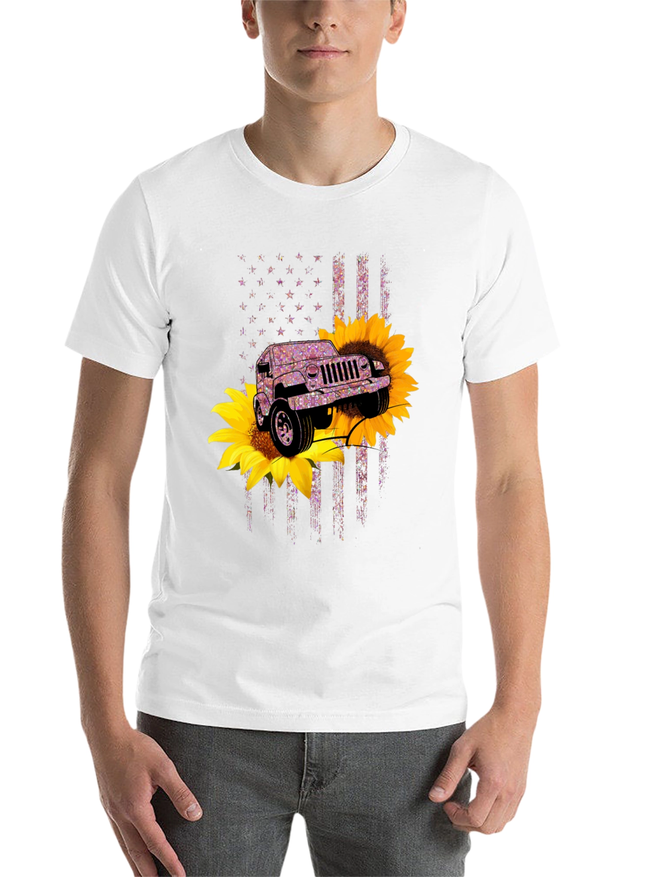 Black Sunflower Jeep T-Shirt - Patriotic Flag Design view 14