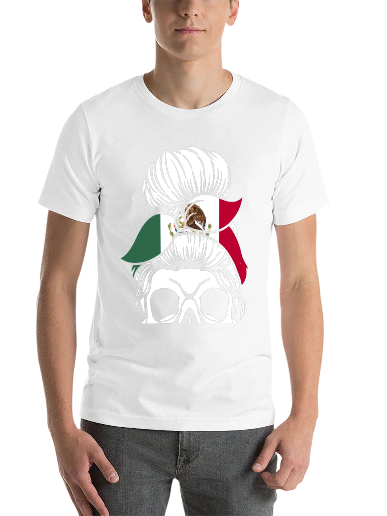 Mexican Flag Skull Messy Bun T-Shirt - 14