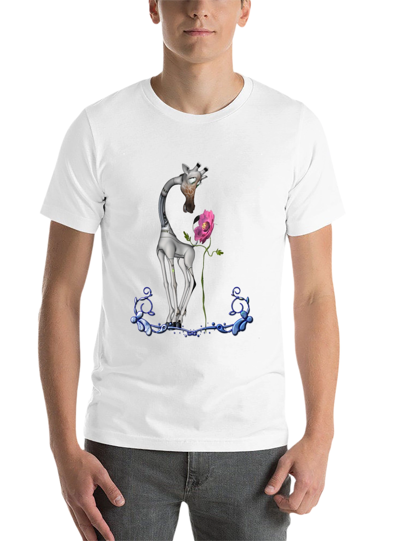 Black Robotic Giraffe & Flower Graphic Tee - Quirky Black T-Shirt view 14