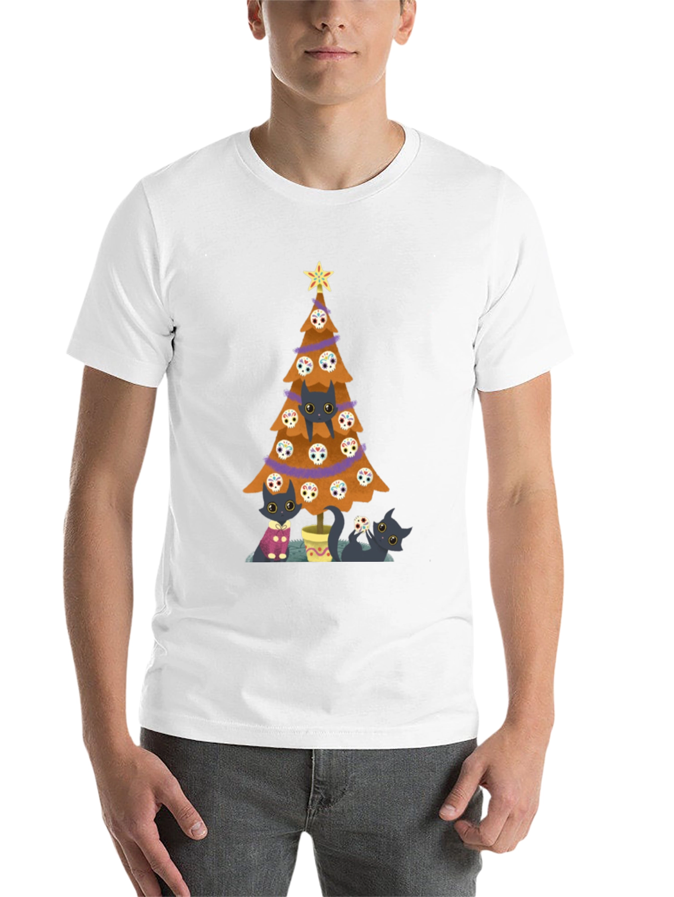Black Cat Christmas Tree Black T-Shirt view 14