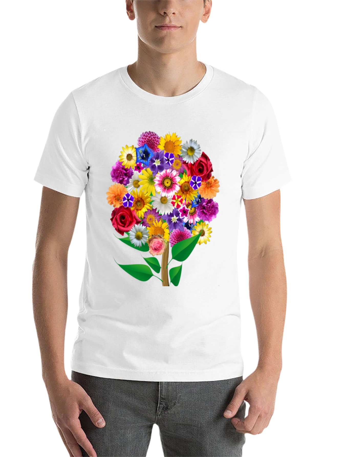 Black Floral Bouquet Tree Graphic Tee - Black Cotton T-Shirt view 14
