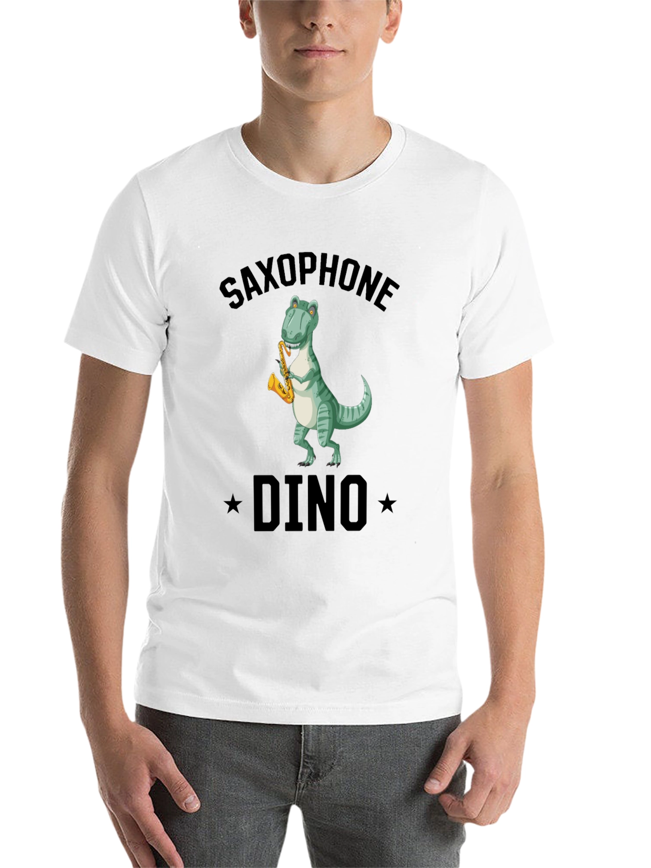 Black Saxophone Dino T-Shirt - Black Cotton Tee view 14