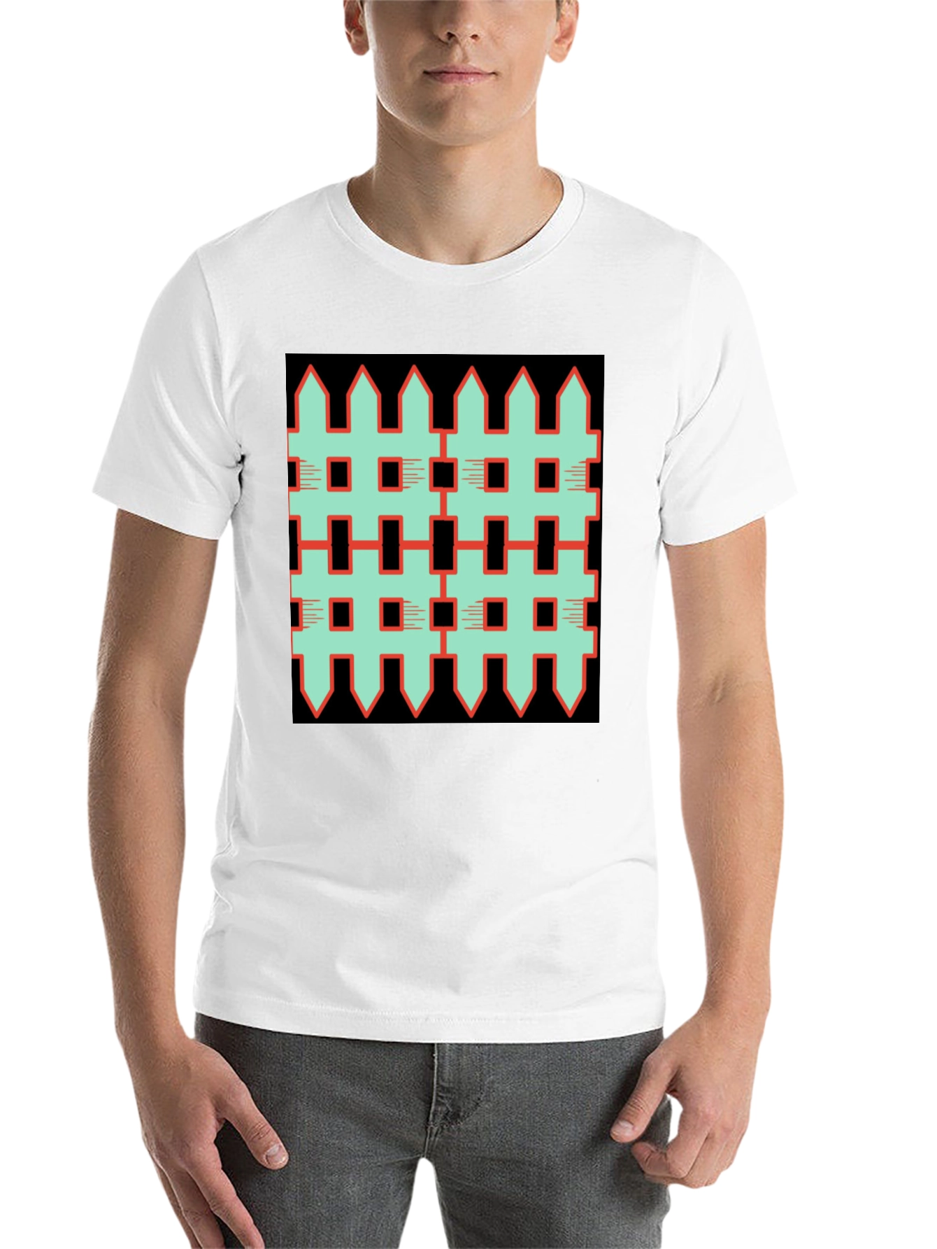 Black Unique Fence Pattern Graphic Tee - Black view 14