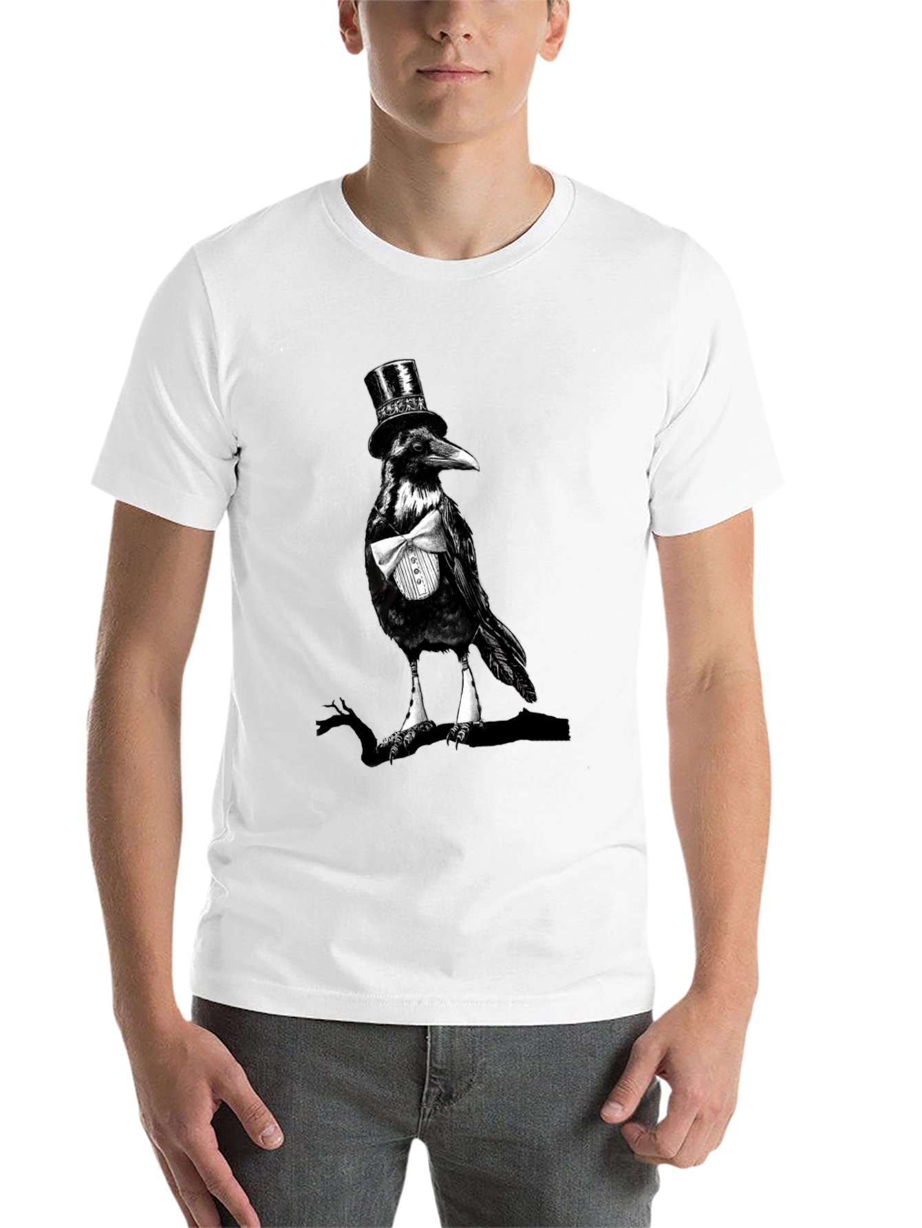 Black Raven Top Hat Bowtie T-Shirt, Mens Black Tee view 14
