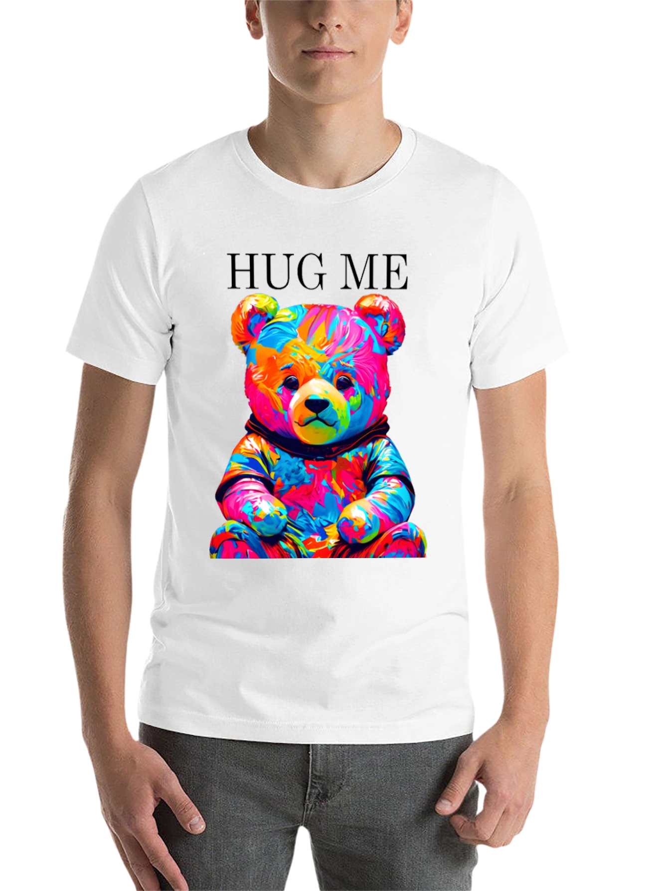 Black Colorful Teddy Bear Hug Me Graphic T-Shirt view 14