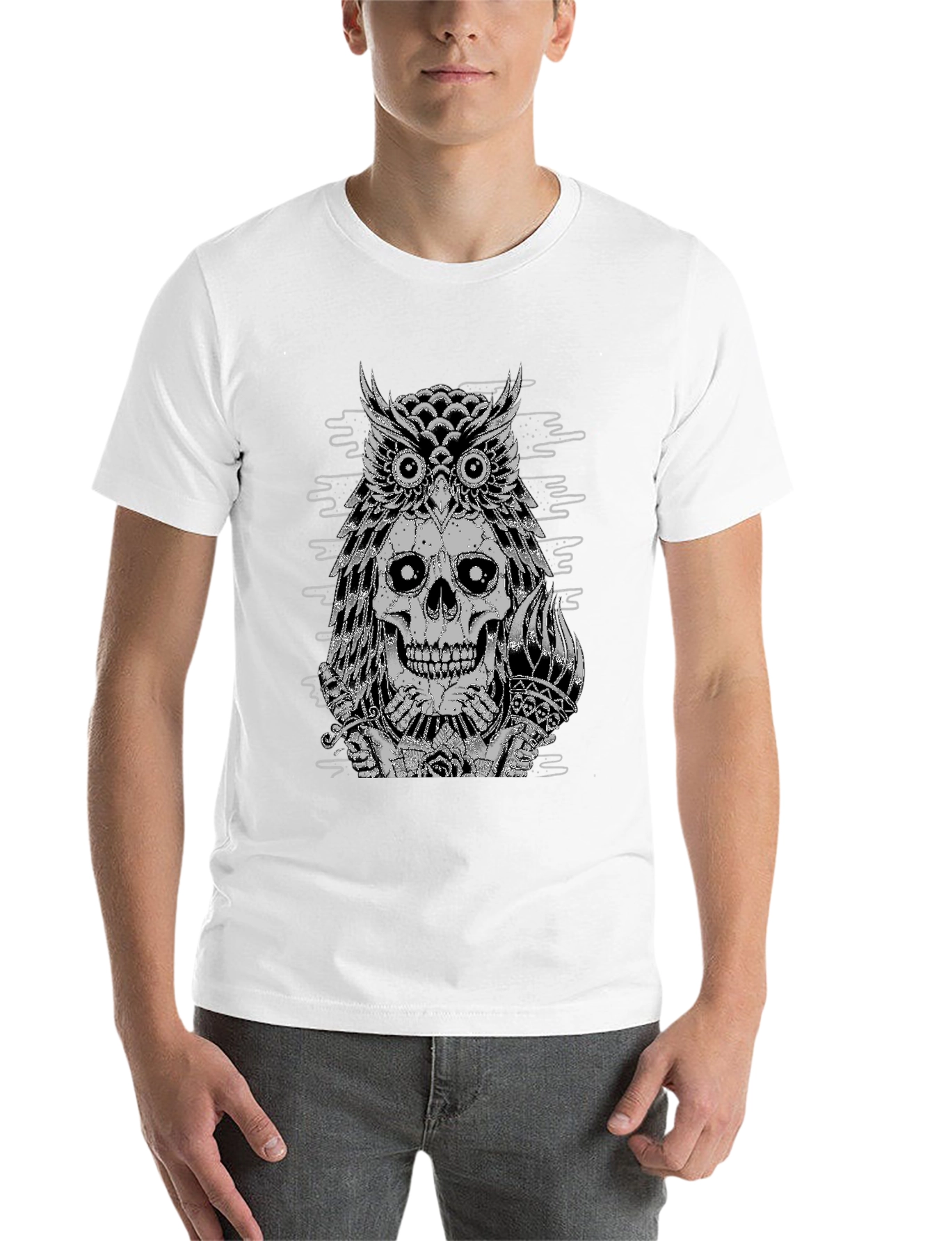 Black Owl Skull Graphic Tee - Black Cotton T-Shirt view 14